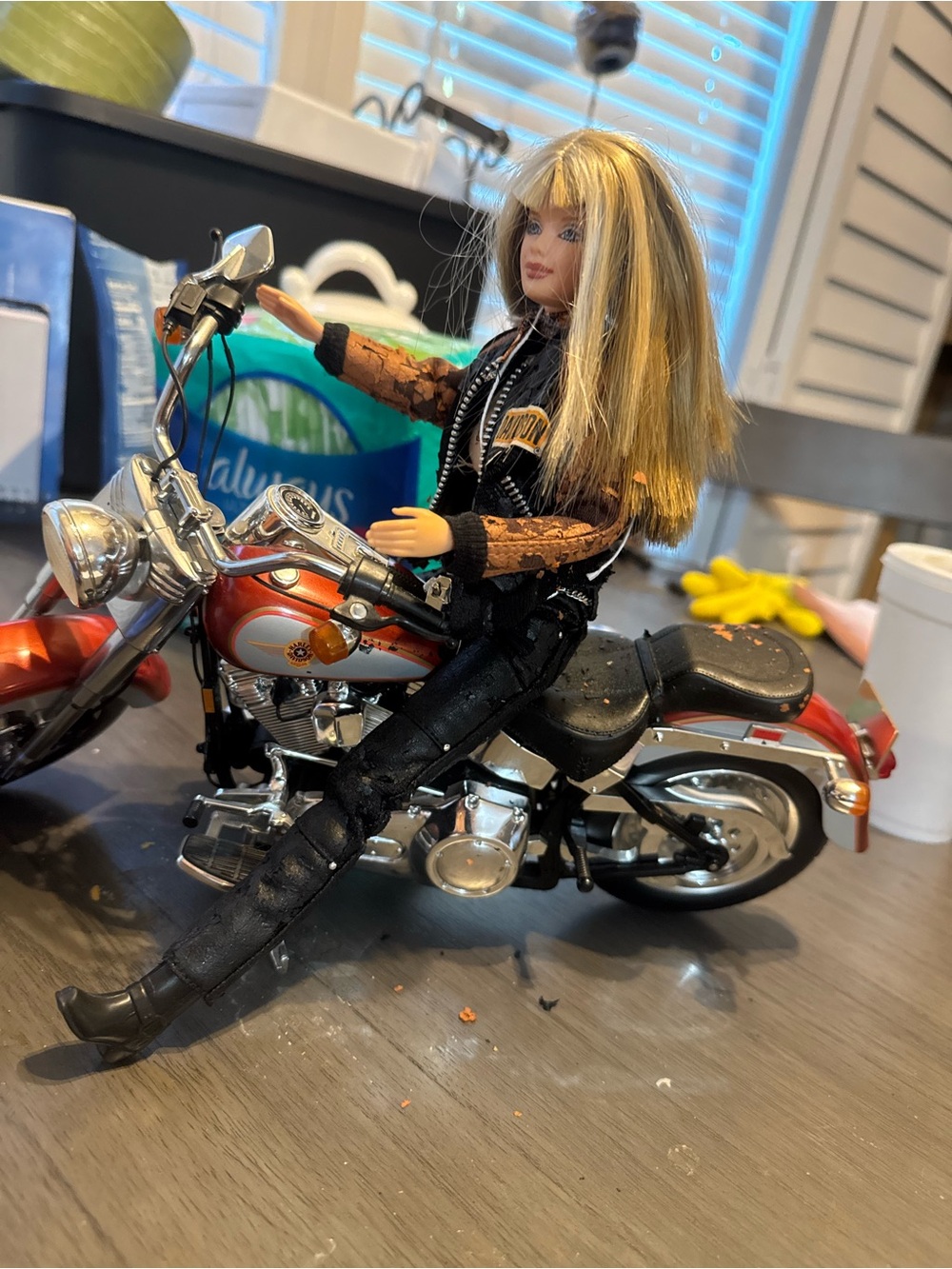 Harley-Davidson Black and Orange Barbie Doll Jacket on Motorcycle - Picture 6 of 13